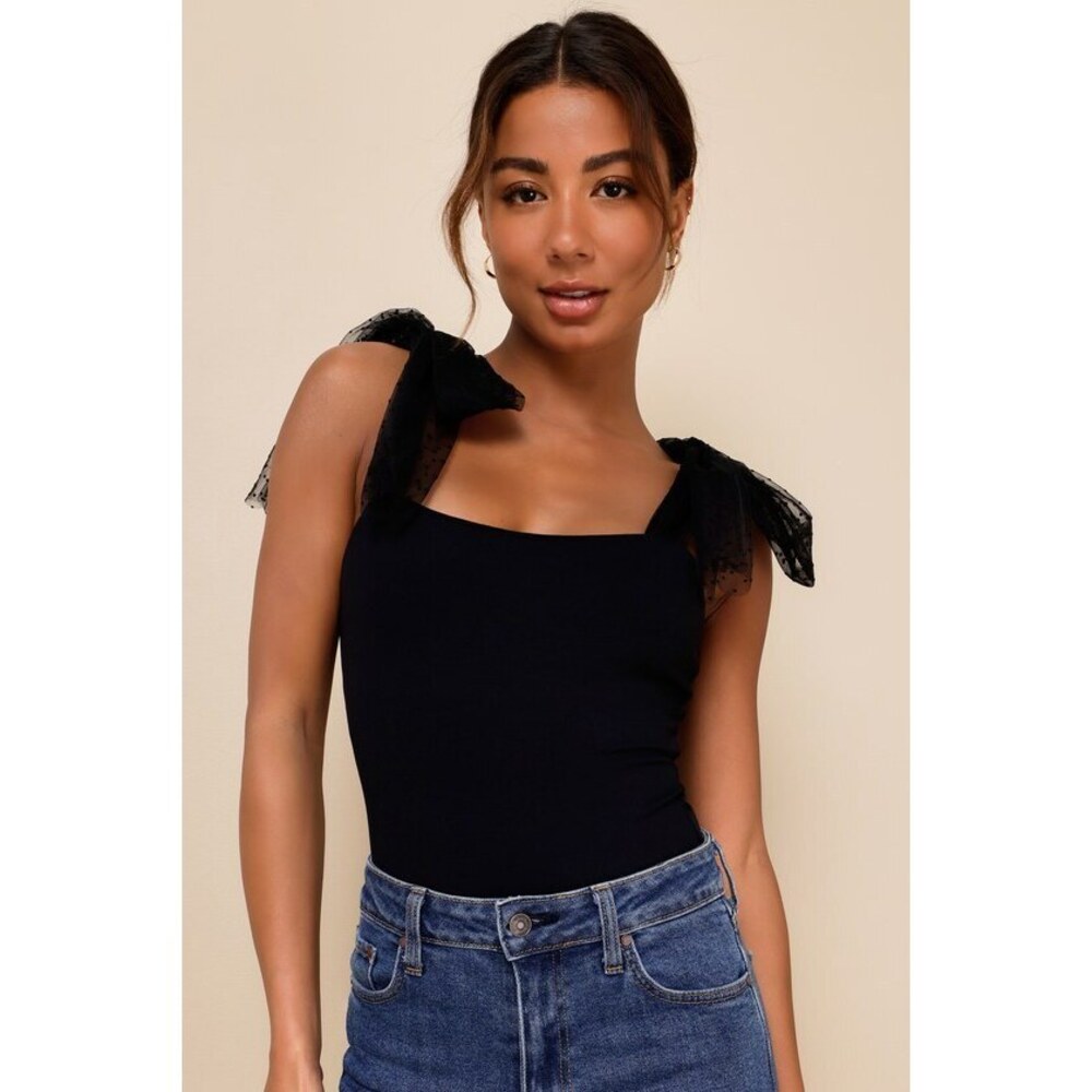 Lulus Thoughtful Charm Black Swiss Dot Tie-strap Bodysuit